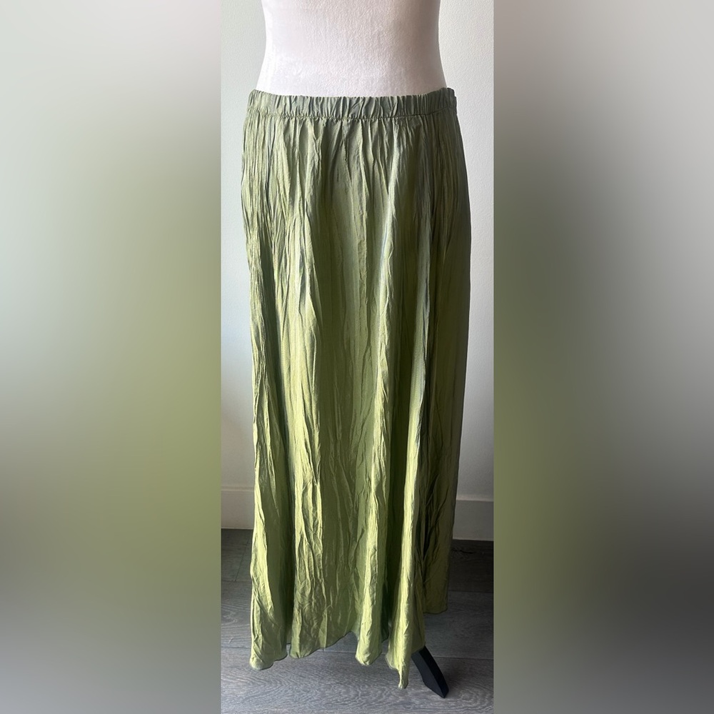 NWOT Lee Anderson Pleated Crinkle Maxi Shinny Iridescent Green Skirt in Medium